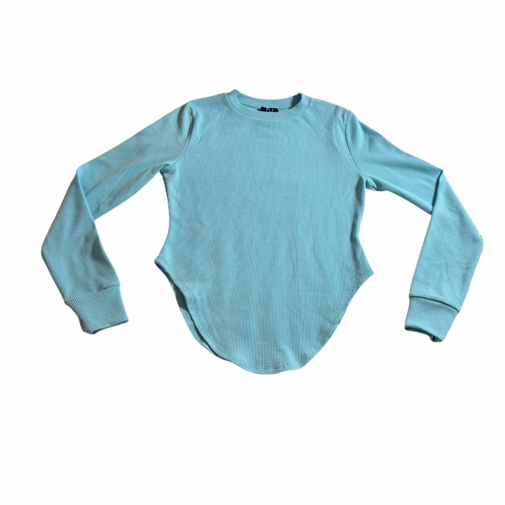 Naked Wardrobe Thermal Waffle Long Sleeve Top Women’s M  Blue Curved Hem